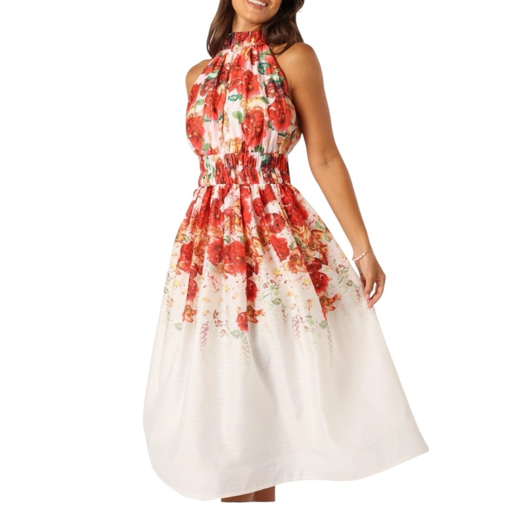 Smocked Halter Midi Dress in Red Floral on White
